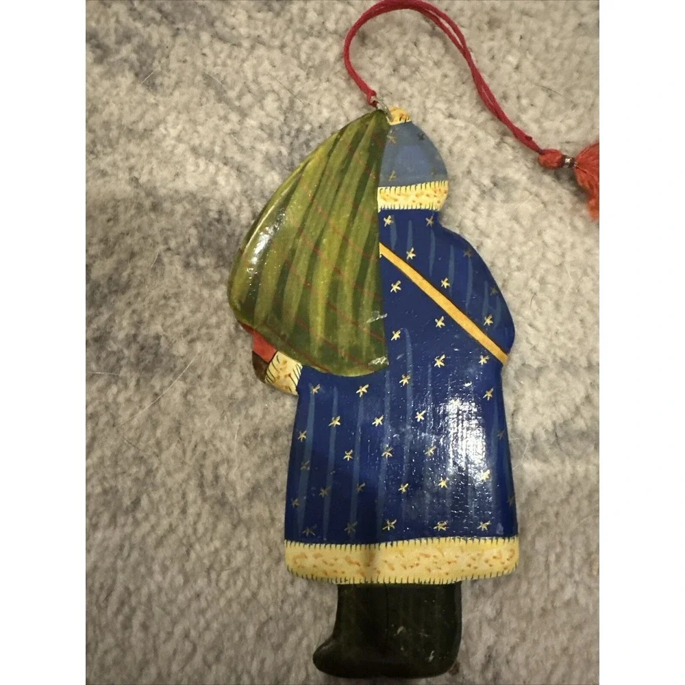 Vintage Handpainted Wood Folk Art Santa Claus With Christmas Tree Ornament  7 BB